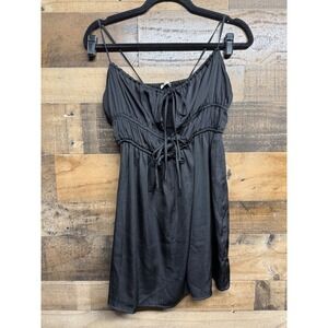 Intimately Free People Black Satin Babydoll Slip Dress Smocked Cami Small